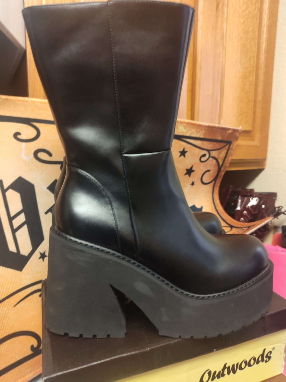 Women's Black Platform Mid-Calf Boots, Size 10